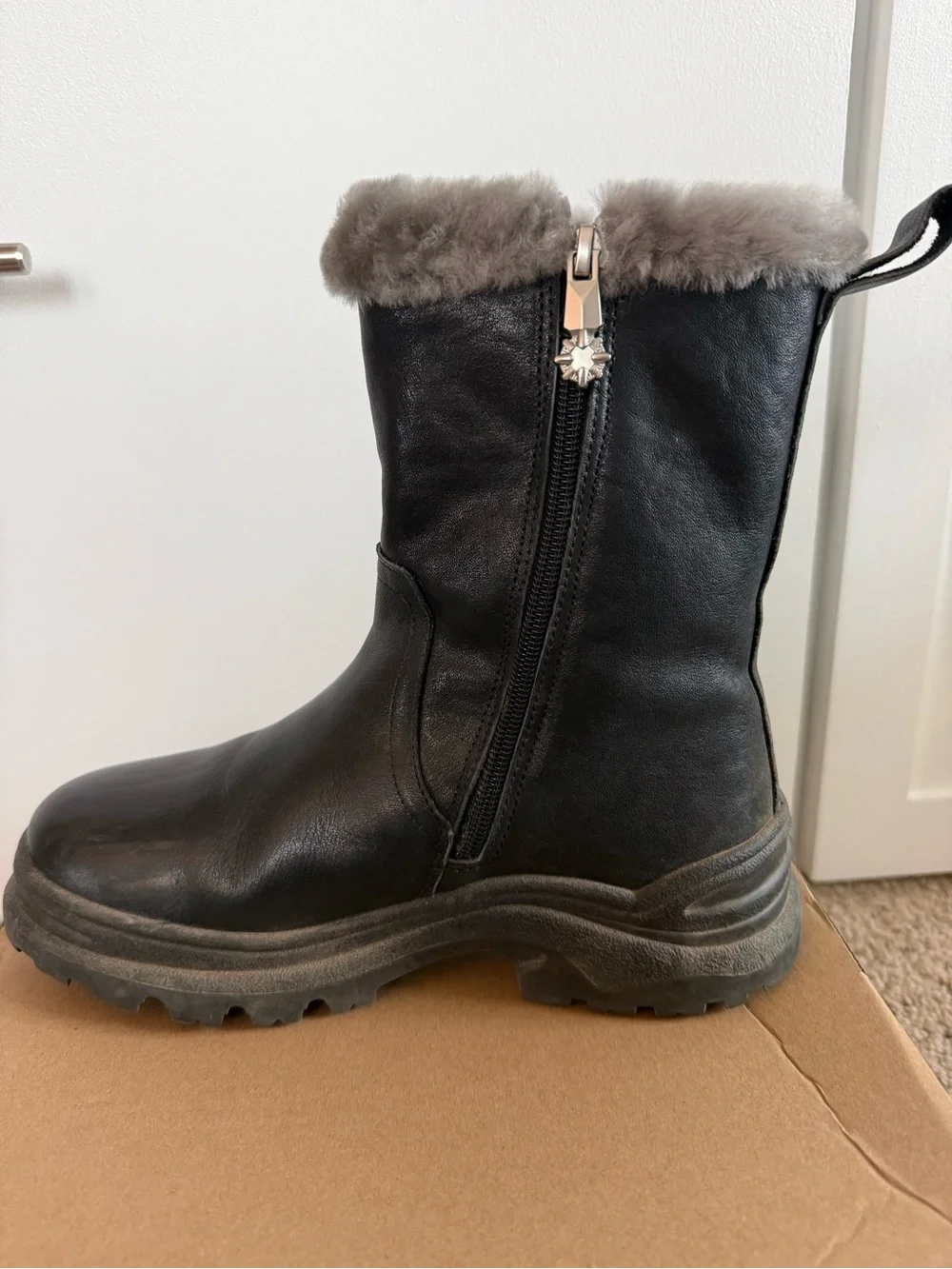 Black Faux-Fur Trim Winter Ankle Boot with Side Zip